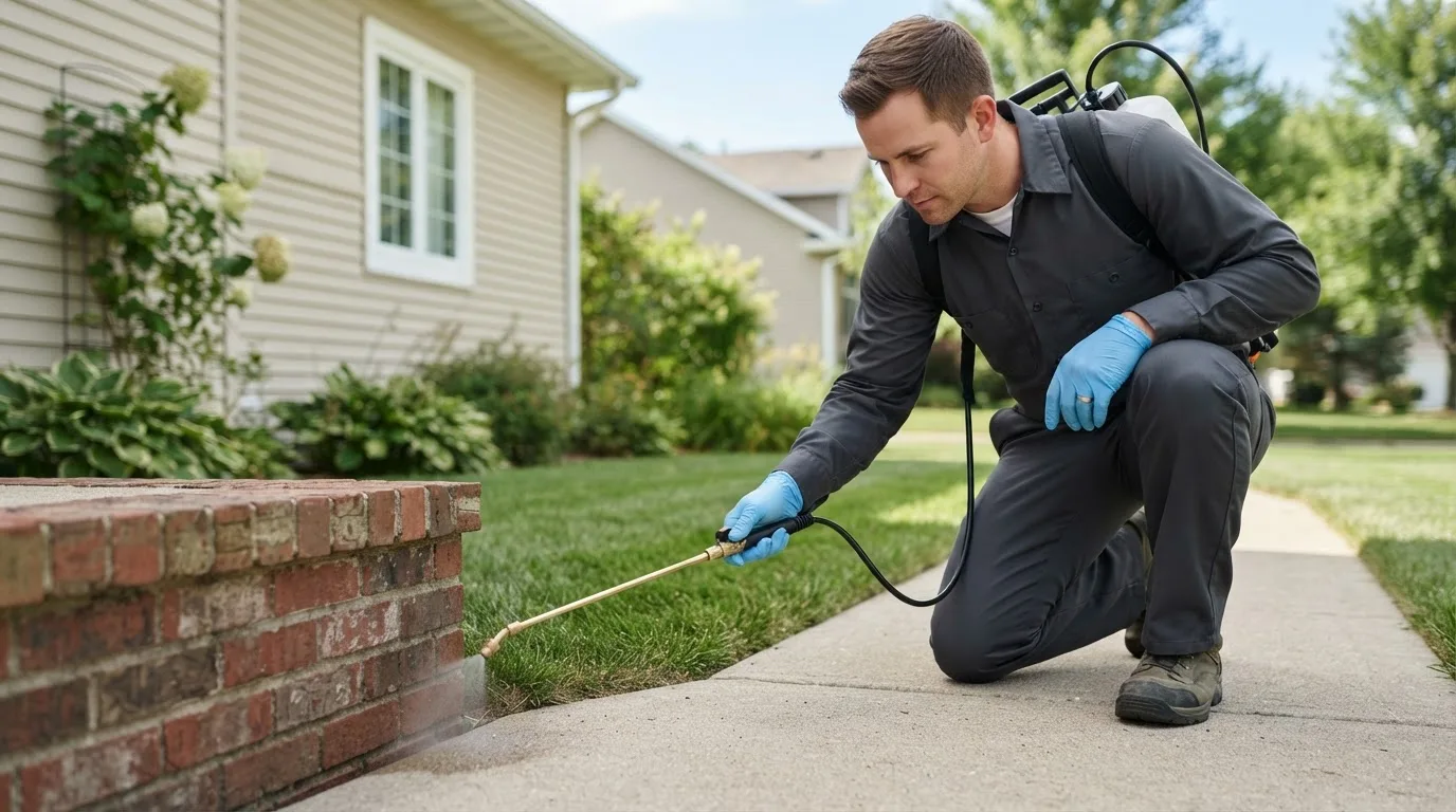 Pest control technician treating a home near Crawley, WV