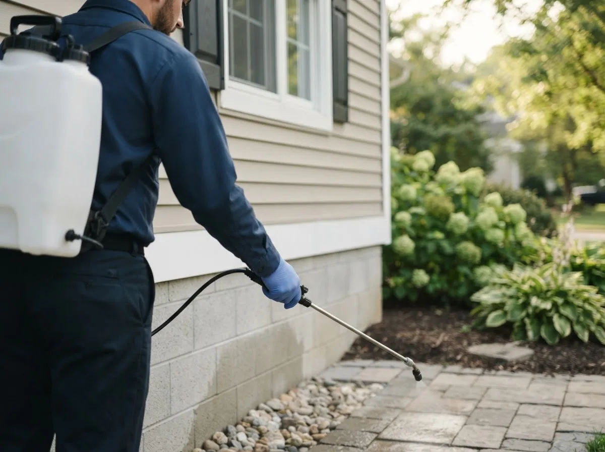 Pest control technician inspecting a home in Crawley, WV